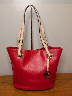 Michael Kors Red Tote with Beige Straps and Gold Hardware